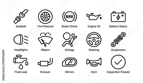 Car dashboard warning icons: safety, maintenance, steering, brake, engine