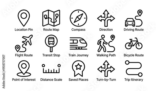 Navigation and travel icons: map, compass, transport, route, path