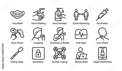 Health safety icons: face mask, hand washing, social distancing, vaccination, quarantine