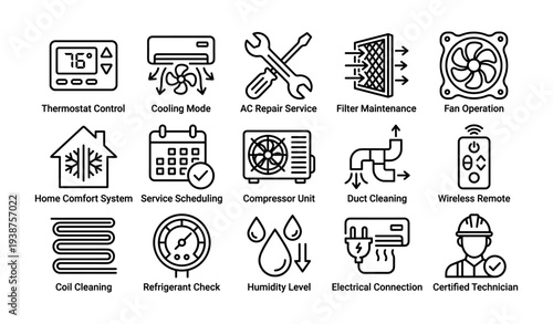 Air conditioning and hvac system maintenance icons