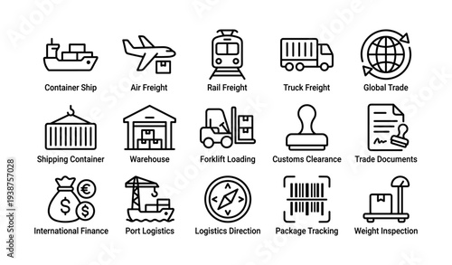 Global logistics icons: shipping, air, rail, truck, trade, warehouse, customs