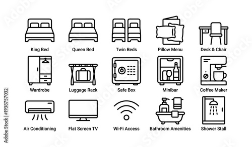 Hotel room amenities icons: beds, desk, safe, minibar, coffee maker