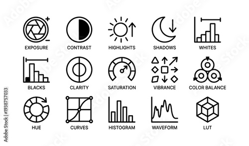 Photography icon set: exposure, contrast, highlights, shadows, and more