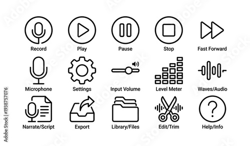 Audio control icons for editing and recording interface