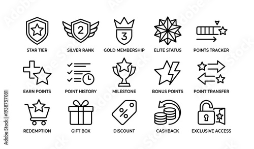 Reward program icons: tiers, points, membership, milestones, bonuses