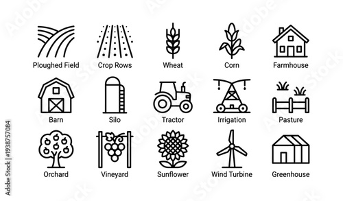 Farm icons: ploughed field, wheat, tractor, orchard, wind turbine