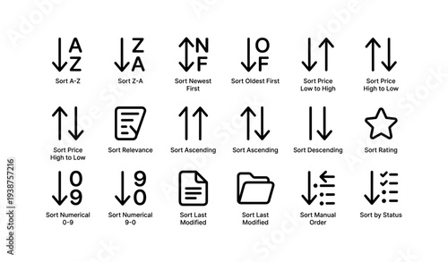 Set of sort icons for organizing data and files