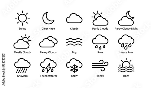 Weather icons set featuring various conditions with sun, moon, cloud, rain, and wind symbols