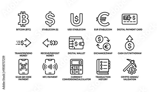 Cryptocurrency icon set: bitcoin, stablecoin, payment methods, and digital wallets