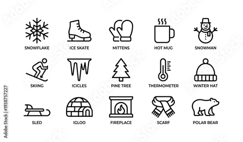 Winter icons set: snowflake, ice skate, mittens, hot mug, snowman, skiing