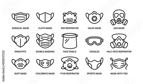 Illustrated collection of various protective masks and respirators