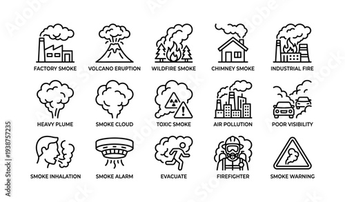 Icons depicting smoke and fire hazards including volcano, wildfire, and industrial fire