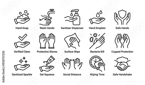 Hand hygiene icons: soap, sanitizer, cleanliness, protection, safety symbols