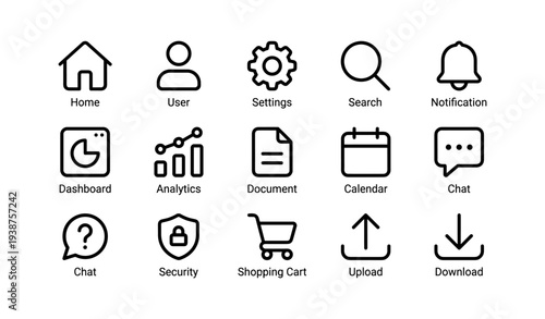 Minimalist icon set for digital interfaces and applications