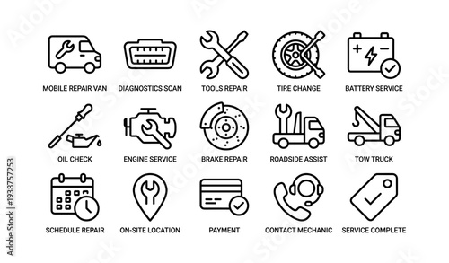 Car maintenance icons: mobile repair, diagnostic scan, tools, tire change, battery service