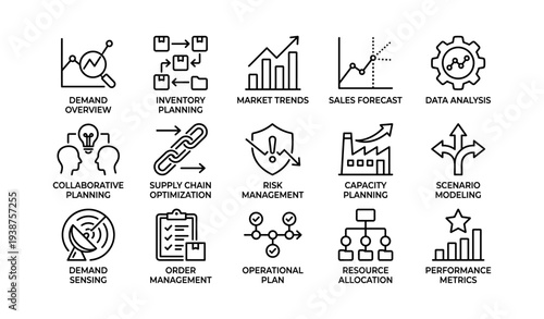 Business strategy icons illustrating market trends, demand planning, and data analysis