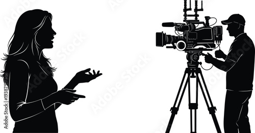 Interview scene silhouette vector with female speaker and cameraman filming using professional video camera on tripod, media production concept isolated on white background