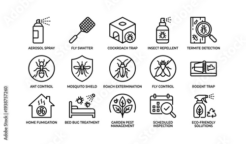Pest control solutions icons: spray, swatter, traps, and eco-friendly options