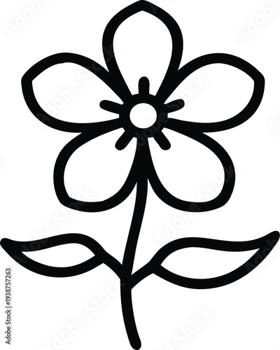 Minimalist Flower Icon Vector Illustration: Simple Black Line Art Floral Motif with Five Petals and Leaves for Nature Branding, Logo Design, and Decorative Botanical Art