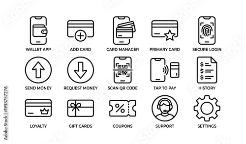 Mobile payment icons: wallet, security, money transfer, qr code, support