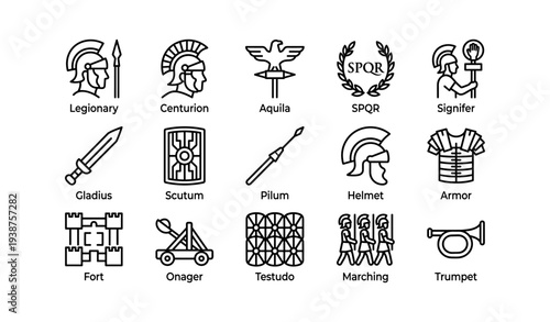 Ancient roman military symbols and equipment icon set