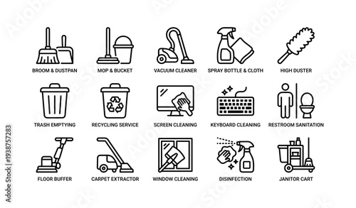 Cleaning tools and services icons: broom, mop, vacuum, spray, duster