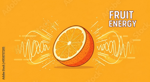 Vibrant orange fruit illustration with dynamic energy waves on bright orange background symbolizing vitality and freshness in a modern