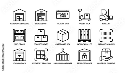 Warehouse logistics icons: storage, facility sign, pallet jack, forklift, barcode scanner
