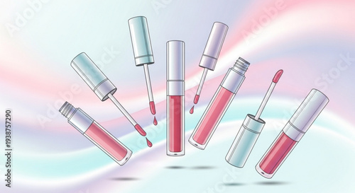 Pink lip gloss tubes and applicators floating in mid air on colorful background with soft lighting