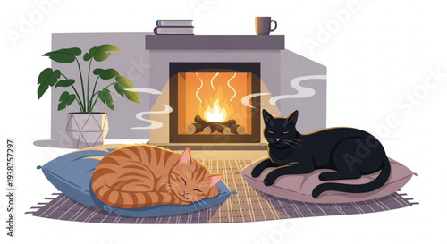Two cats sleeping peacefully on cushions beside a warm fireplace in a cozy home interior with a potted plant nearby