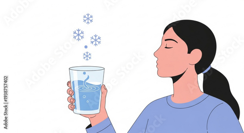 Woman holding a chilled glass of water with ice closed eyes and serene expression blue shirt white background refreshing drink cold beverage