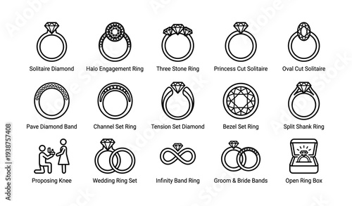 Engagement and wedding ring icon set with diverse designs and proposing illustration