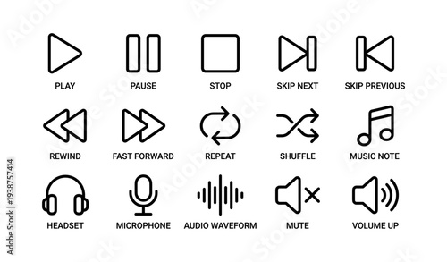 Audio and playback control icons: play, pause, stop, skip, rewind