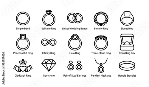 Variety of jewelry icons including rings, earrings, necklace, and bracelet designs