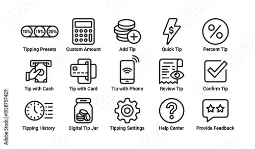Tipping icons: cash, card, phone, digital jar, settings, feedback
