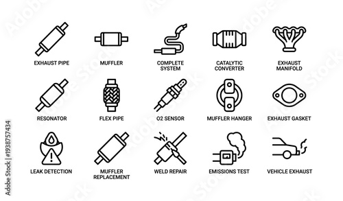Collection of car exhaust system icons including muffler, catalytic converter, and exhaust manifold