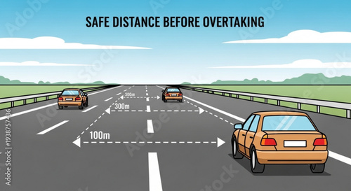 Safe distance before overtaking illustration with cars on highway traffic safety guidelines driving education road safety measures vehicle