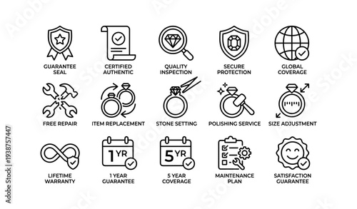 Icon set for jewelry services and guarantees