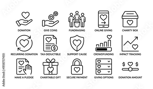 Donation and fundraising icons for online giving and charity support