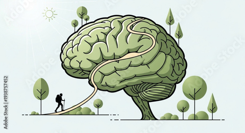 Person walking towards large green brain with winding road symbolizing journey to knowledge and innovation in a natural setting with trees