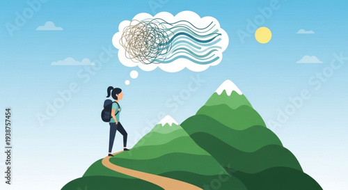 Woman hiker standing on mountain peak with thought bubble contemplating journey path forward with backpack and trail