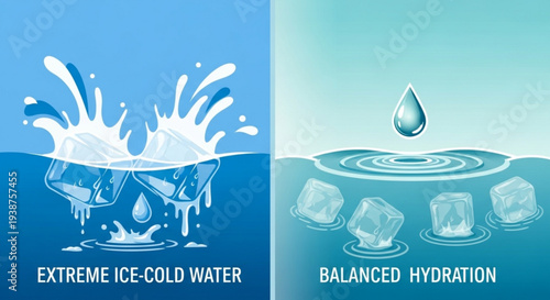 Hydration illustration contrasting extreme ice cold water with balanced hydration featuring splashing water and ice cubes in blue tones