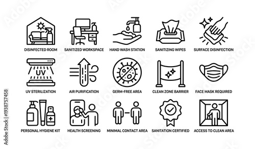 Icons illustrating hygiene practices and disinfection measures
