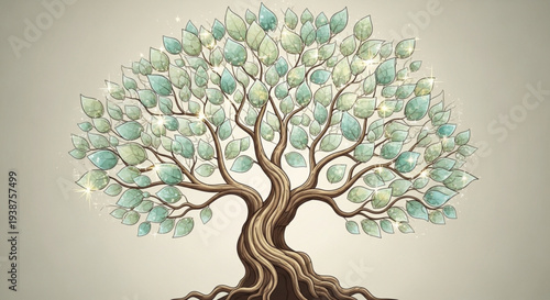 Stylized tree with twisted brown trunk and blue green leaves on gradient background symbolizing growth and harmony in a minimalist design