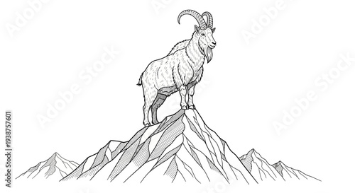 Majestic ibex stands atop a rugged mountain peak, embodying strength and wild alpine spirit