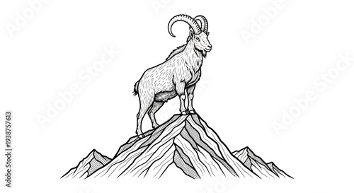 Strong mountain ibex creature standing proudly atop an impressive craggy mountain peak in detailed