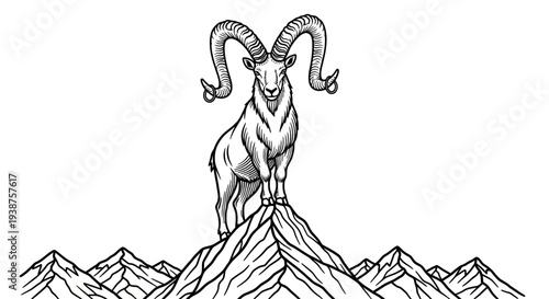 Majestic ram standing proudly atop a rugged mountain peak, embodying strength and wild nature