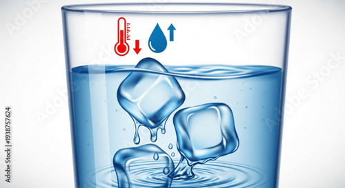 Glass of cold water with ice cubes dropping into it with temperature and hydration symbols above