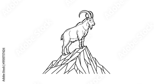 Majestic horned animal standing atop a geometrically stylized mountain peak line art