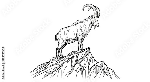 Powerful mountain goat line art illustration atop a rugged summit, showcasing strength and wild